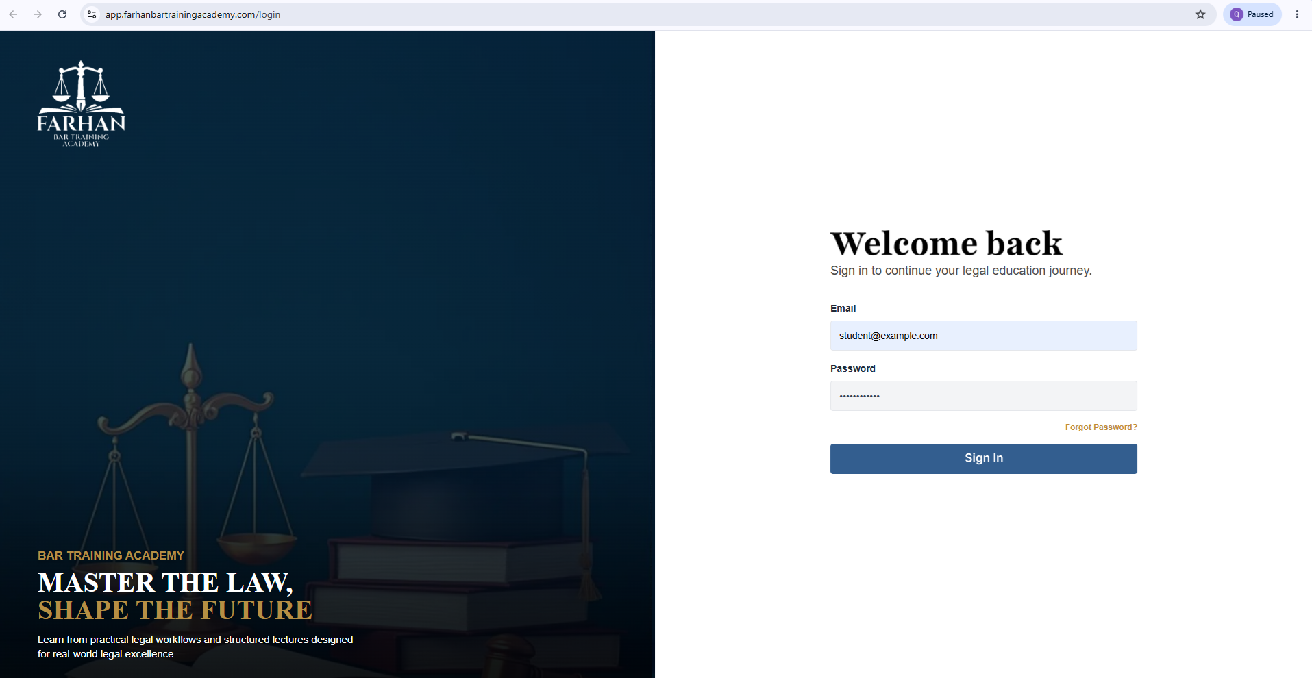 Farhan Bar Training Academy sign in screen